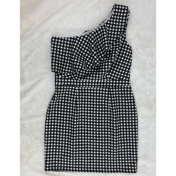 RACHEL Rachel Roy Dress XL Gingham Ruffled One Shoulder Stretch Black White - Picture 3 of 6